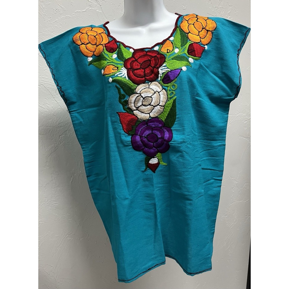 Mexican Embroidered Floral Blouse Turquoise Handmade Huipil Style Women XL New